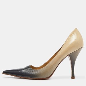 Prada Beige/Grey Leather Pointed Toe Pumps Size 38.5, Pumps - Luxury Closet catalog