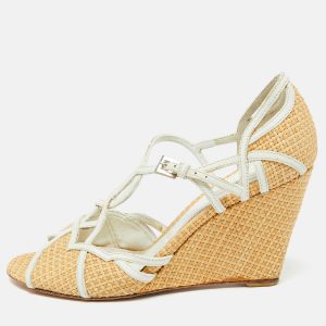 Prada Beige/White Raffia and Leather Wedge Sandals Size 36, Sandals - Luxury Closet catalog