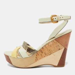 Prada Cream Leather and Snakeskin Leather Platform Wedge Sandals Size 39, Sandals - Luxury Closet catalog