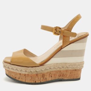 Prada Beige Patent Leather Wedge Espadrille Sandals Size 39.5, Sandals - Luxury Closet catalog