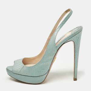 Prada Light Blue Embossed Python Platform Slingback Sandals Size 37, Sandals - Luxury Closet catalog