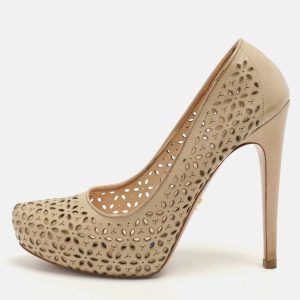 Prada Beige Lasercut Leather Platform Pumps Size 37.5, Pumps - Luxury Closet catalog