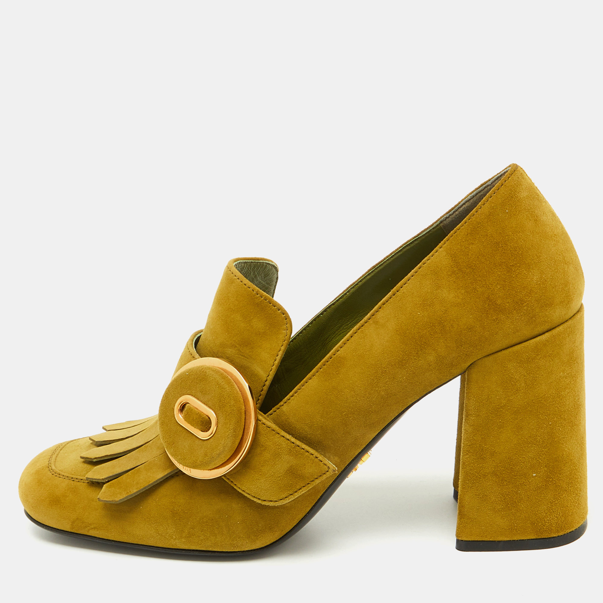 Prada Green Suede Fringe Block Heel Pumps Size 37, Pumps - Luxury Closet catalog