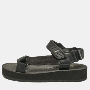 Prada Black Leather and Canvas Tape Strap Flat Sandals Size 38, Sandals - Luxury Closet catalog