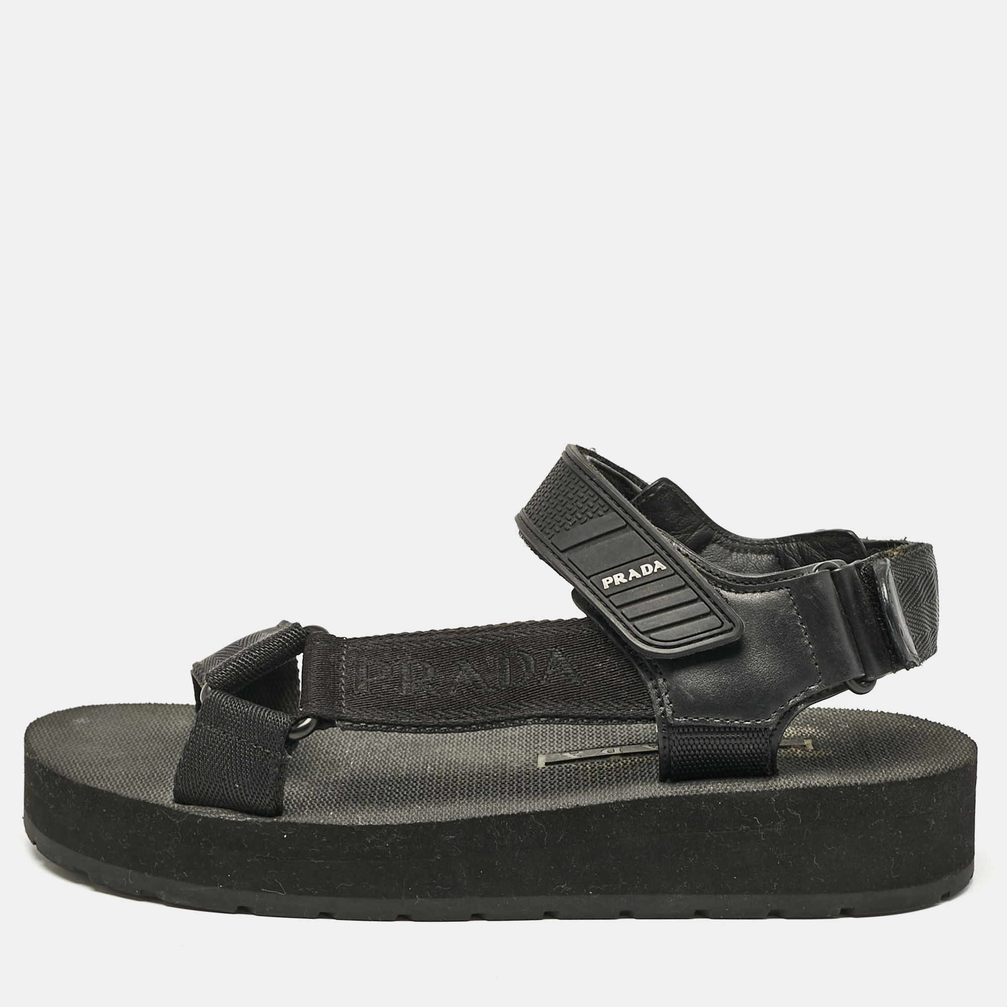 Prada Black Leather and Canvas Tape Strap Flat Sandals Size 38, Sandals - Luxury Closet catalog