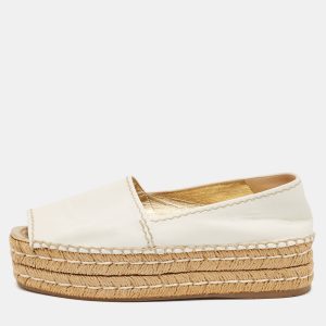 Prada White Leather Peep Toe Platform Espadrille Flats Size 38, Flats - Luxury Closet catalog