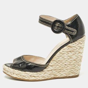 Prada Black Patent Leather Wedge Ankle Strap Sandals Size 38.5, Sandals - Luxury Closet catalog