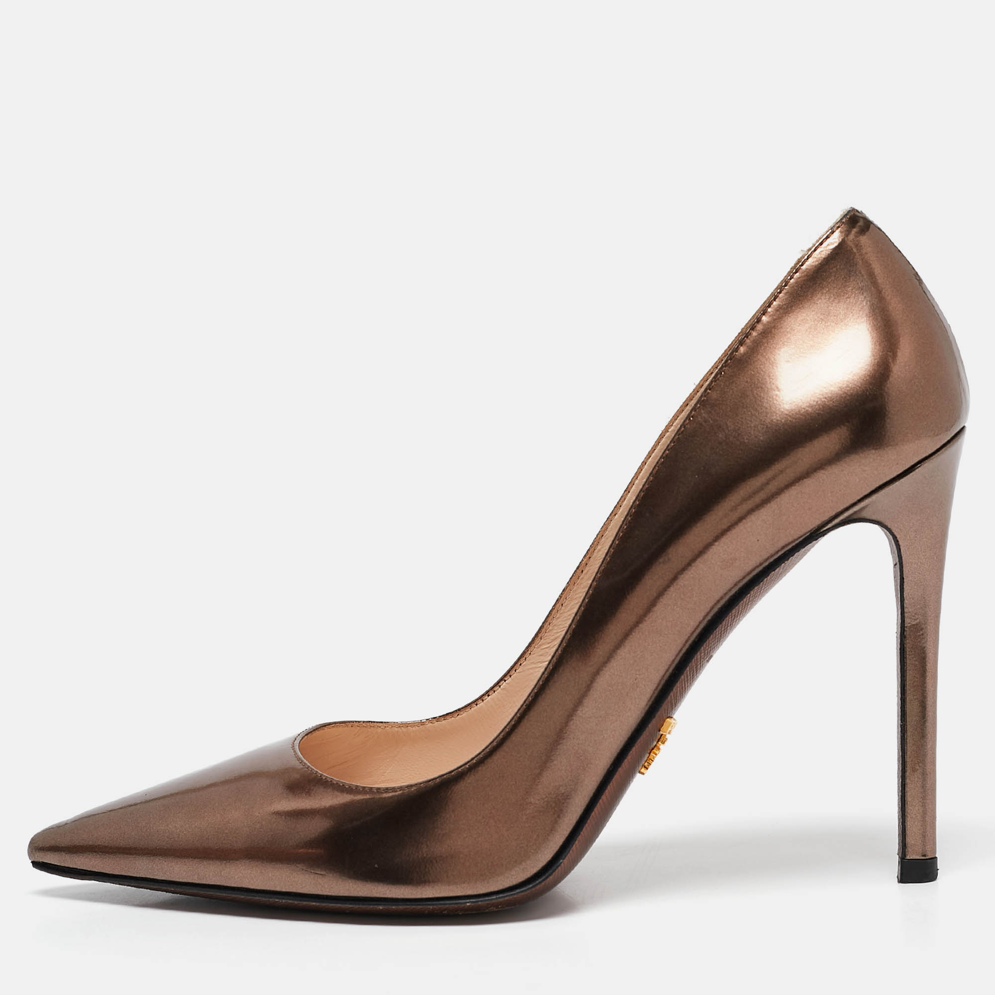 Prada Brown Laminated Leather Pointed Toe Pumps Size 37.5, Pumps - Luxury Closet catalog