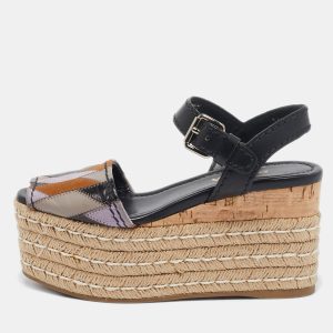 Prada Multicolor Leather and Suede Cork Espadrille Platform Ankle Strap Sandals Size 36, Sandals - Luxury Closet catalog