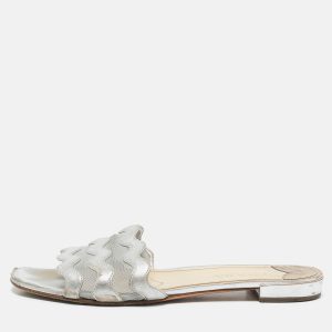 Prada Silver Leather and Mesh Flat Slides Size 40.5, Sandals - Luxury Closet catalog