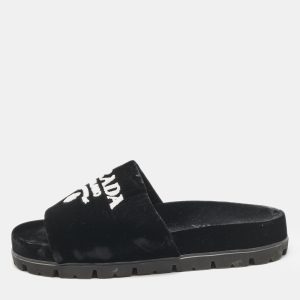 Prada Black/White Velvet Logo Slide Flats Size 38, Flats - Luxury Closet catalog