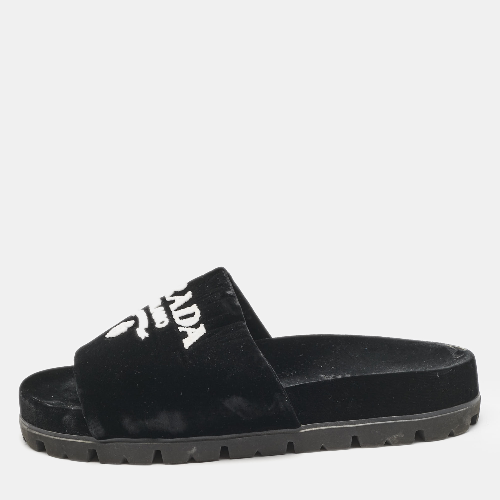 Prada Black/White Velvet Logo Slide Flats Size 38, Flats - Luxury Closet catalog