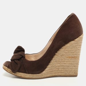 Prada Brown Suede Bow Wedge Espadrille Pumps Size 38, Pumps - Luxury Closet catalog