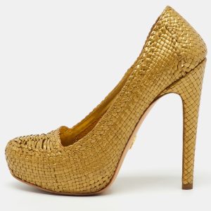 Prada Metallic Gold Woven Leather Madras Platform Pumps Size 38, Pumps - Luxury Closet catalog