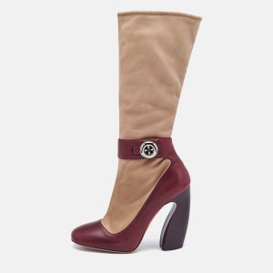 Prada Beige/Burgundy Leather Mid Calf Boots Size 39, Boots - Luxury Closet catalog
