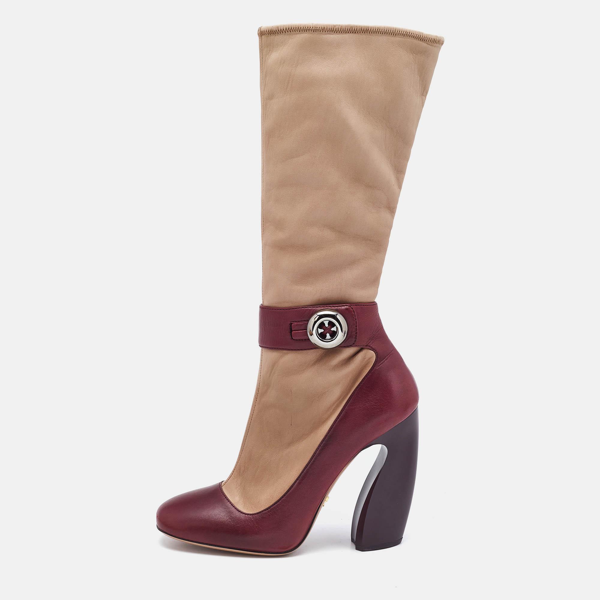Prada Beige/Burgundy Leather Mid Calf Boots Size 39, Boots - Luxury Closet catalog