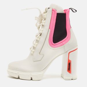 Prada White/Pink Fabric and Leather Logo Ankle Boots Size 39, Boots - Luxury Closet catalog