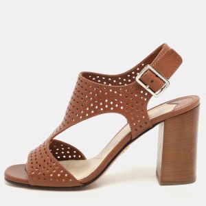 Prada Brown Perforated Leather Ankle Strap Sandals Size 38, Sandals - Luxury Closet catalog