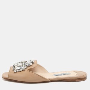 Prada Beige Patent Leather Crystal Embellished Slide Sandals Size 36.5, Sandals - Luxury Closet catalog