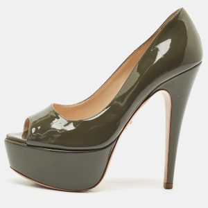 Prada Olive Green Patent Leather Peep Toe Platform Pumps Size 36.5, Pumps - Luxury Closet catalog