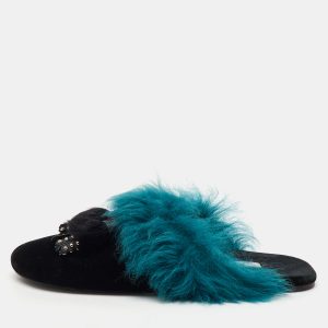 Prada Black/Teal Velvet and Fur Tassel Flat Mules Size 38, Sandals - Luxury Closet catalog
