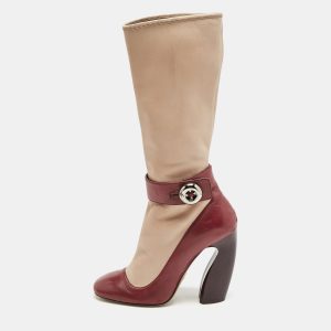 Prada Beige/Burgundy Leather Mid Calf Boots Size 39, Boots - Luxury Closet catalog