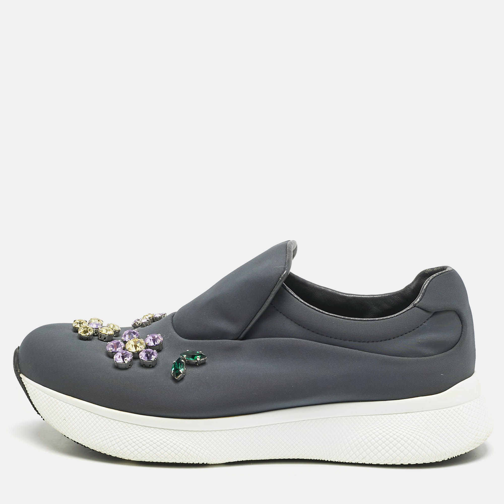 Prada Grey Stretch Fabric Crystal Embellished Slip On Sneakers size 37.5, Athletic Shoes & Sneakers - Luxury Closet catalog