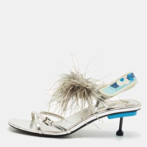Prada Metallic Silver Leather and Ostrich Feather Ankle Strap Sandals Size 40, Sandals - Luxury Closet catalog