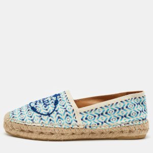 Prada Off White/Blue Nastro Jacquard Embroidered Logo Espadrille Flats Size 35, Flats - Luxury Closet catalog