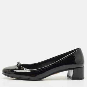 Prada Black Patent Leather Bow Block Heel Pumps Size 37.5, Pumps - Luxury Closet catalog