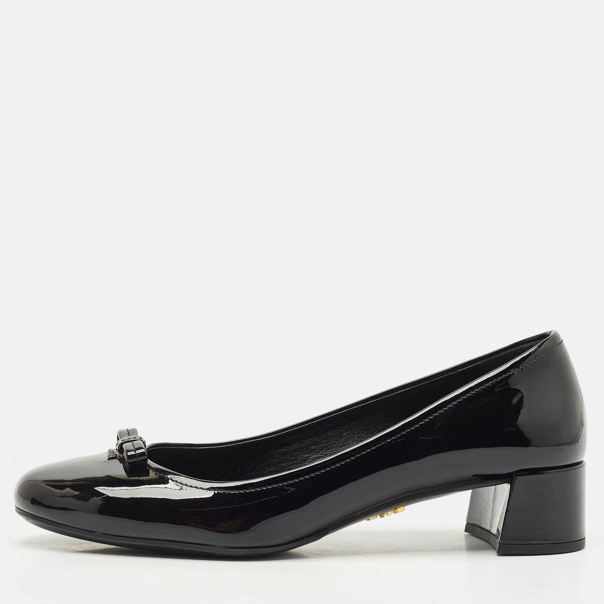 Prada Black Patent Leather Bow Block Heel Pumps Size 37.5, Pumps - Luxury Closet catalog