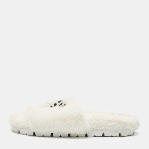Prada White Shearling Terry Flat Slides  Size 39, Sandals - Luxury Closet catalog