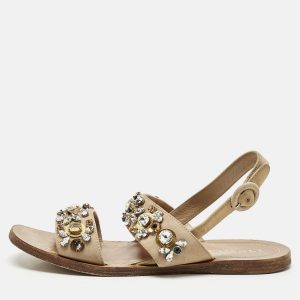 Prada Beige Suede Crystals Embellished Flat Sandals Size 38, Sandals - Luxury Closet catalog