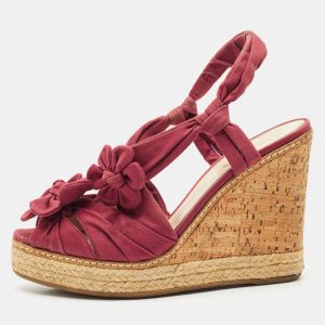 Prada Burgundy Fabric Flower Cork Wedge Slingback Sandals Size 40, Sandals - Luxury Closet catalog