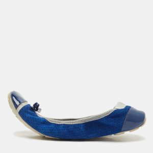 Prada Navy Blue/Silver Patent Leather and Nubuck Leather Scrunch Ballet Flats Size 38, Flats - Luxury Closet catalog