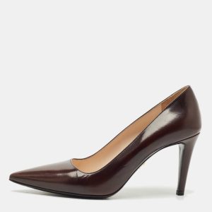 Prada Dark Brown Saffiano Leather Pointed Toe Pumps Size 37.5, Pumps - Luxury Closet catalog