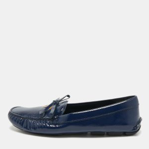 Prada Navy Blue Saffiano Patent Leather Bow Slip On Loafers Size 39.5, Loafers & Slip-Ons - Luxury Closet catalog