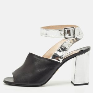 Prada Black/Silver Leather Ankle Strap Sandals Size 38, Sandals - Luxury Closet catalog