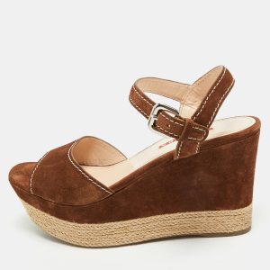 Prada Brown Suede Ankle Strap Wedge Sandals Size 38.5, Sandals - Luxury Closet catalog