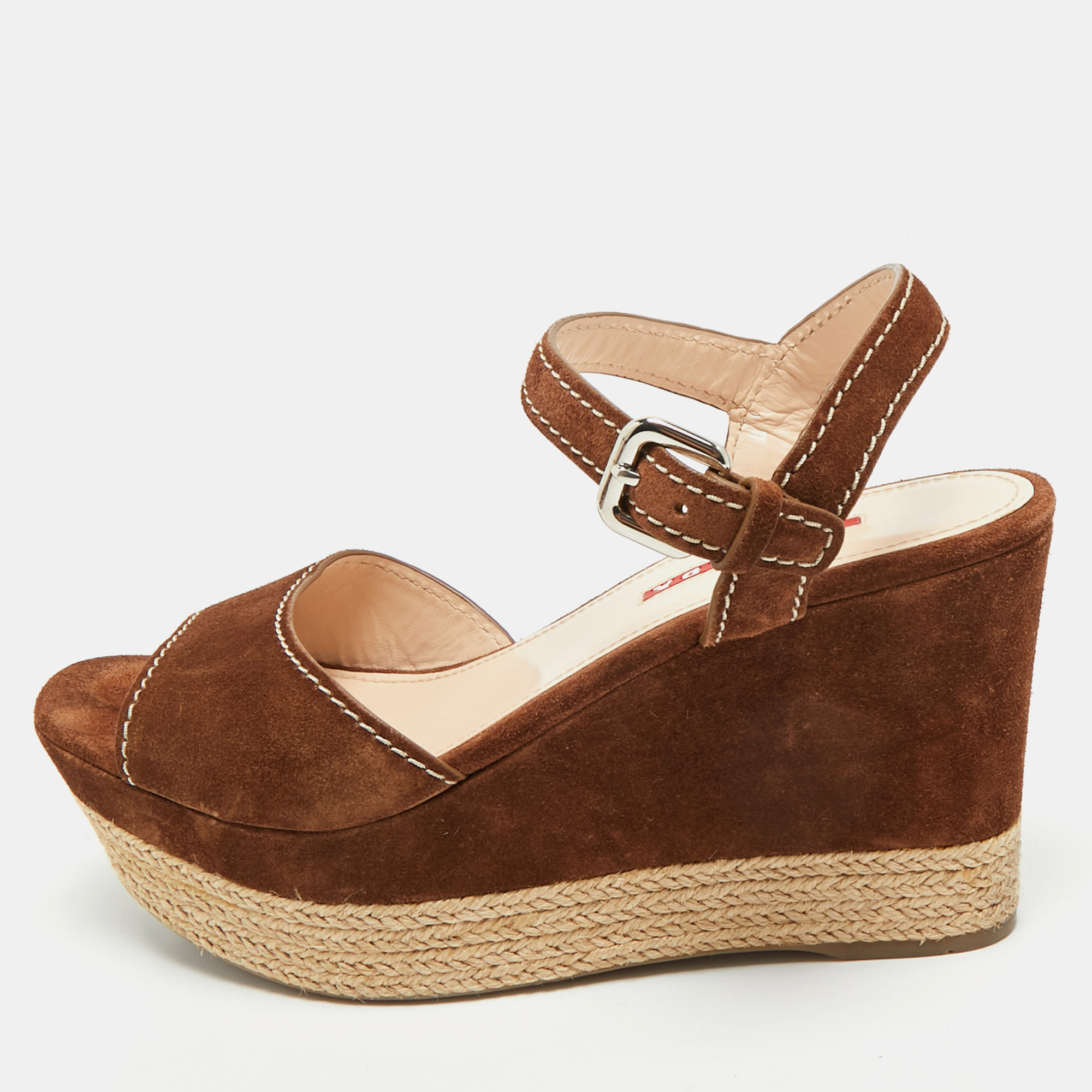 Prada Brown Suede Ankle Strap Wedge Sandals Size 38.5, Sandals - Luxury Closet catalog
