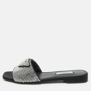 Prada Black Satin Crystal Embellished Flat Slides Size 36.5, Flats - Luxury Closet catalog