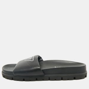 Prada Black Soft Padded Leather Logo Print Flat Slide Sandals Size 38, Sandals - Luxury Closet catalog