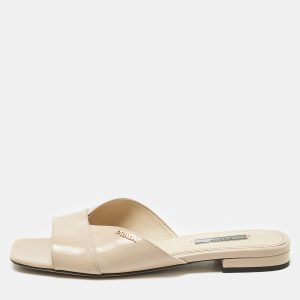 Prada Beige Patent Saffiano Leather Flat Slides Size 38.5, Sandals - Luxury Closet catalog