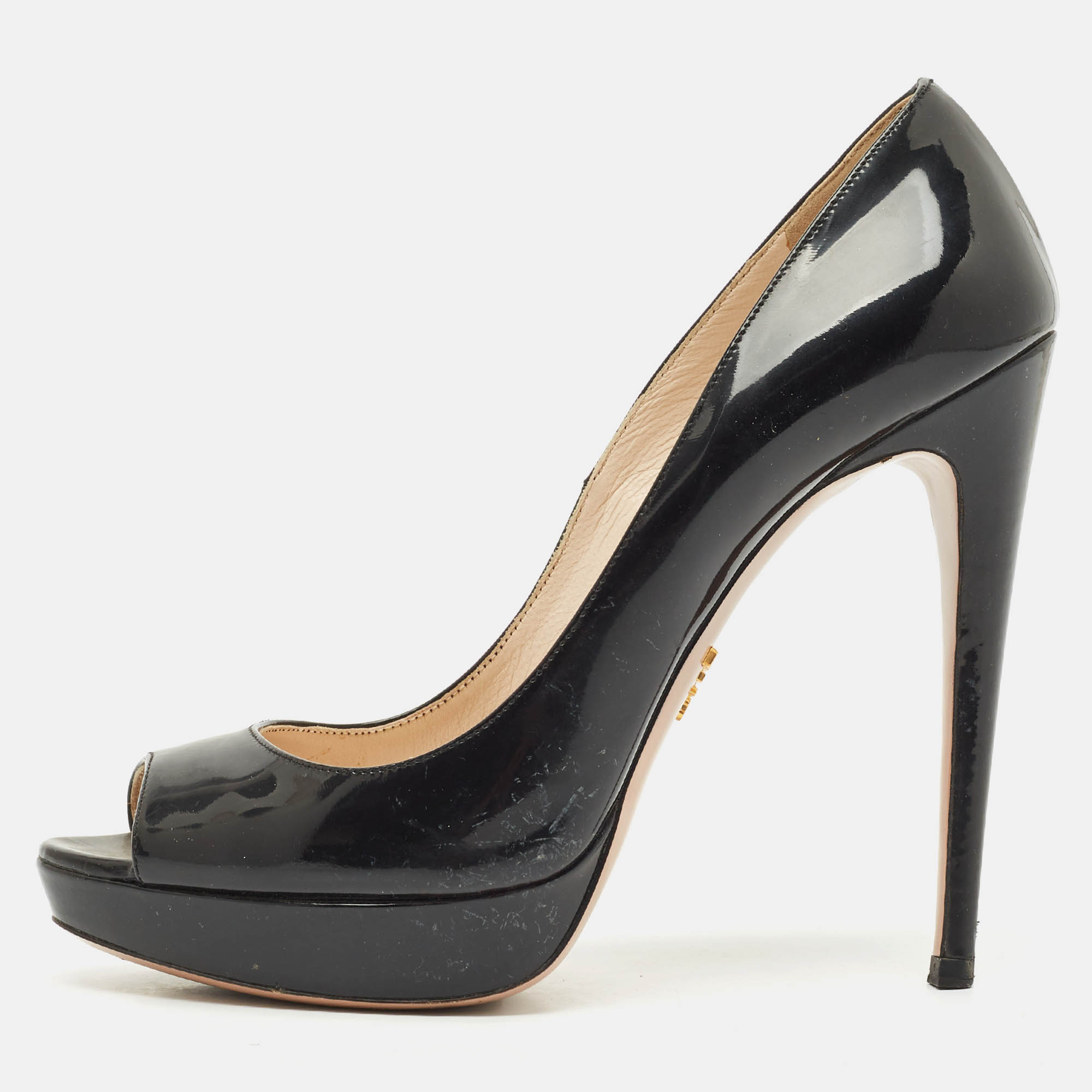 Prada Black Patent Leather Peep Toe Platform Pumps Size 39, Pumps - Luxury Closet catalog