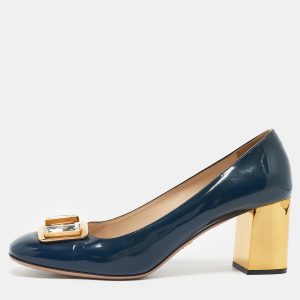 Prada Navy Blue Patent Leather Buckle Block Heel Pumps Size 39.5, Pumps - Luxury Closet catalog