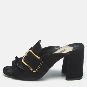 Prada Black Suede Buckle Fringe Block Heel Mules Size 37.5, Sandals - Luxury Closet catalog