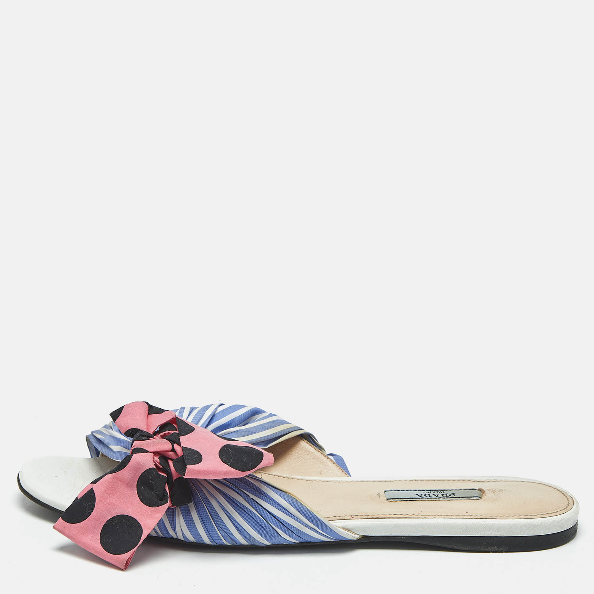 Prada Blue/Pink Fabric Stripe Printed And Polka Dot Bow Detail Slide Sandals Size 41, Sandals - Luxury Closet catalog