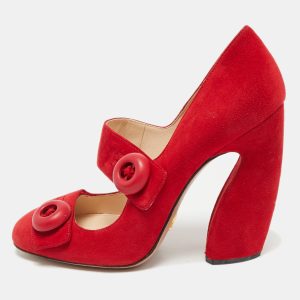 Prada Red Suede Mary Jane Button Pumps Size 39.5, Pumps - Luxury Closet catalog