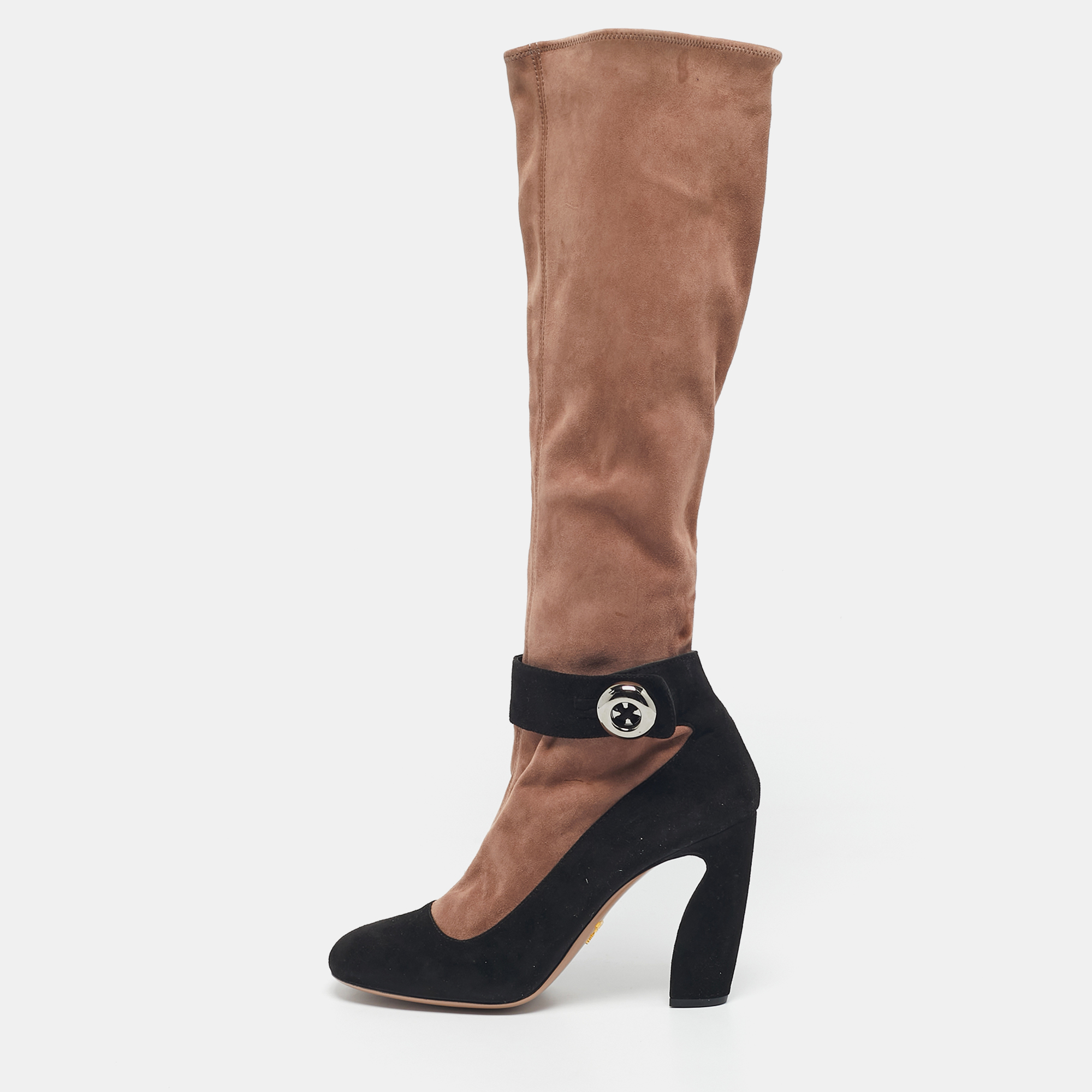 Prada Black/Beige Suede Knee Length Block Heel Boots Size 39.5, Boots - Luxury Closet catalog