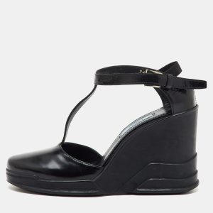 Prada Black Leather T-Strap Platform Wedge Sandals Size 36, Sandals - Luxury Closet catalog
